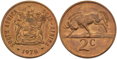 ЮАР 2 цента 1978 герб, антилопа гну KM 83 бронза UNC 67-337
