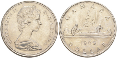 Канада 1 доллар 1969 Елизавета II (1952-2022), каноэ KM 76.1 никель aUNC 63-511
