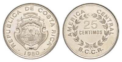 Коста-Рика 25 сентимо 1980 KM 188.1a сталь плакированная никелем UNC 4642-842
