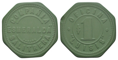 Чили, Луизис (Luisis), Антофагаста шахтерский жетон с Селитряного рудника для покупки в местных магазинах, номиналом в 1 песо около 1905 размер 42x42 мм, вес 4,84 гр Espinosa 189.3 эбонит (зеленый) 01-233-14