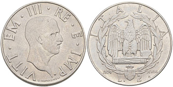 ИТАЛИЯ 2 ЛИРЫ 1939 R, ГОД XVIII, ВИКТОР ЭММАНУИЛ III (1900-1946), МАГНИТНАЯ, ГУРТ РИФЛЁНЫЙ KM 78b, VEM3. 1152 нержавеющая сталь 3855-224