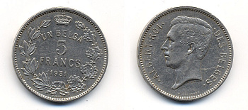 БЕЛЬГИЯ 5 ФРАНКОВ 1931 BELGES KM 97.1 никель 59-436