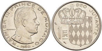 Монако 1 франк 1960 Ренье III (1949-2005) KM 140 никель 190-527
