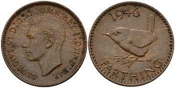Великобритания 1 фартинг 1945 Георг VI (1936-1952) KM 843, Spink 4116 бронза 4189-841