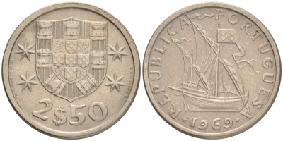 ПОРТУГАЛИЯ 2,5 ЭСКУДО 1969 ПАРУСНИК KM 590 медно-никель 75-1467