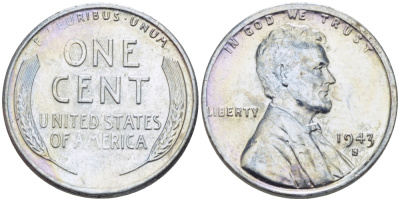 США 1 цент 1943 S (Сан-Франциско), Авраам Линкольн KM 132 a сталь плакированная цинком 39-133