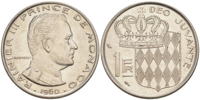 Монако 1 франк 1960 Ренье III (1949-2005) KM 140 никель 190-527