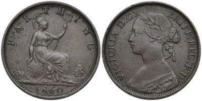 Великобритания 1 фартинг 1860 Виктория (1837-1901), зубчатая кайма KM 747.2, Spink 3958 бронза 4548-1047