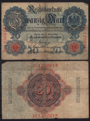 Германия 20 марок 1910 Pick 40 b бумага 6293-37-2-2