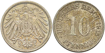 ГЕРМАНИЯ 10 ПФЕННИГОВ 1915 A KM 12, J. 13, Weege 8 медно-никель 212-315