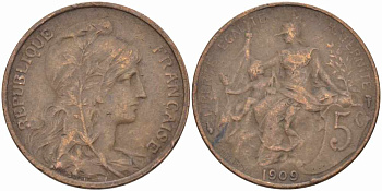 ФРАНЦИЯ 5 САНТИМОВ 1909 ТИП ДАНИЭЛЬ ДЮПЮИ KM 842, LE FRANC 119.20 бронза 108-915