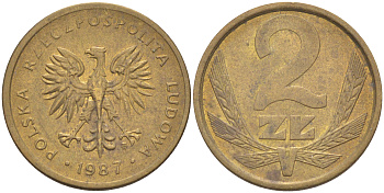 ПОЛЬША 2 ЗЛОТЫХ 1987 MW KM 80.2 латунь 187-954