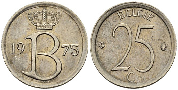 Бельгия 25 сантимов 1975 Belgie, Бодуэн I (1951-1993) KM 154.1 медно-никель 4528-1016