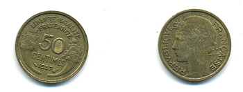 ФРАНЦИЯ 50 САНТИМОВ 1937 ТИП MORLON KM 894.1, LE FRANC 192.13 алюминиевая бронза 80-862