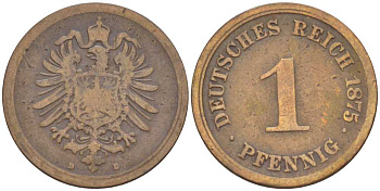 ГЕРМАНИЯ 1 ПФЕННИГ 1875 D, СТАРОГЕРБОВКА KM 1, J. 1, Weege 1 медь 206-1031