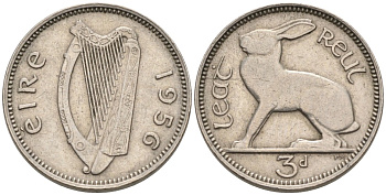 Ирландия 3 пенса 1956 заяц KM 12а медно-никель 92-231