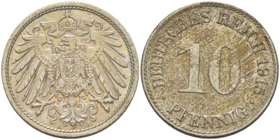 ГЕРМАНИЯ 10 ПФЕННИГОВ 1915 A KM 12, J. 13, Weege 8 медно-никель 212-315