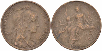 Франция 5 сантимов 1909 тип Дюпюи KM 842, LE FRANC 119.20 бронза 108-915