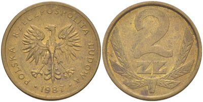 ПОЛЬША 2 ЗЛОТЫХ 1987 MW KM 80.2 латунь 187-954