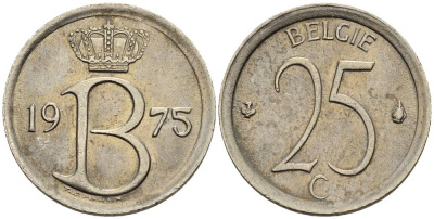 Бельгия 25 сантимов 1975 Belgie, Бодуэн I (1951-1993) KM 154.1 медно-никель 4528-1016