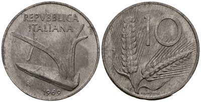 Италия 10 лир 1969 KM 93 алюминий 4138-546