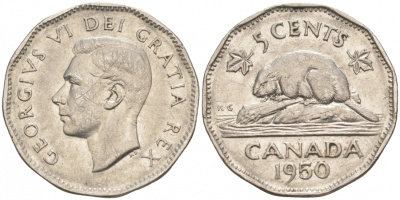 Канада 5 центов 1950 бобр, Георг VI (1937-1952) KM 42 никель 73-1346