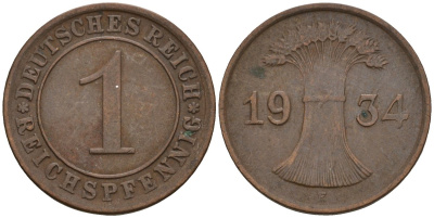 Германия 1 рейхспфенниг 1934 E KM 37, J. 313 бронза 4516-233