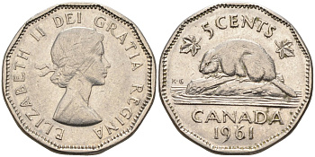 Канада 5 центов 1961 Елизавета II (1952-), бобр KM 50а никель 4586-421