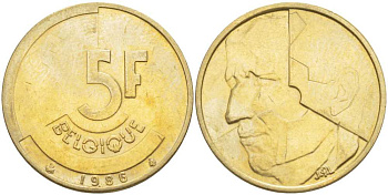 БЕЛЬГИЯ 5 ФРАНКОВ 1986 BELGIQUE KM 163 латунь или алюминиевая бронза 4391-221