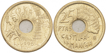 ИСПАНИЯ 25 ПЕСЕТ 1996 КАСТИЛЬЯ - ЛА МАНЧА - ДОН КИХОТ, ХУАН КАРЛОС I (1975-) KM 962 медь цинк никель 4549-914