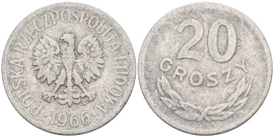 Польша 20 грошей 1966 MW KM А47 алюминий    4174-669
