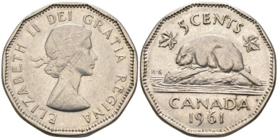 Канада 5 центов 1961 Елизавета II (1952-), бобр KM 50а никель 4586-421