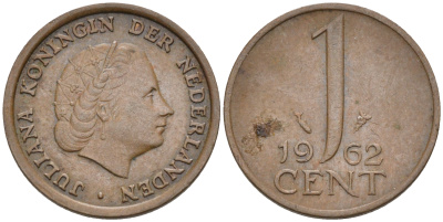 Нидерланды 1 цент 1962 Юлиана (1948-1980) КМ 180 бронза    4174-561