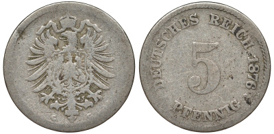 Германия 5 пфеннигов 1876 C, старогербовка KM 3, J. 3 медно-никель 51-3243