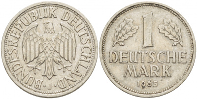 ФРГ 1 МАРКА 1965 J KM 110, J. 385 медно-никель 3718-1124