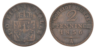 Пруссия 2 пфеннига 1856 A, Фридрих Вильгельм IV (1840-1861) KM 452, Jaeger 51, Olding 336, AKS 91 медь 4651-311