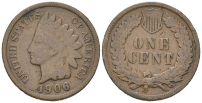 США 1 цент 1906 индеец, Indian head KM 90a бронза 192-867