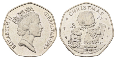 Гибралтар 50 пенсов 1989 Рождество KM 31 медно-никель UNC 1524-2022