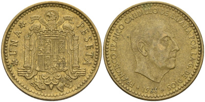 Испания 1 песета 1966 (73) Франсиско Франко (1939-1975) KM 796 алюминиевая бронза 4604-127