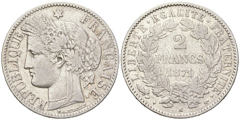Франция 2 франка 1871 K KM 817.2 серебро 4616-542