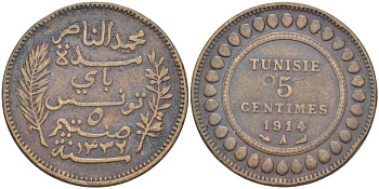 ТУНИС 5 САНТИМОВ 1914 A KM 235 бронза 202-233