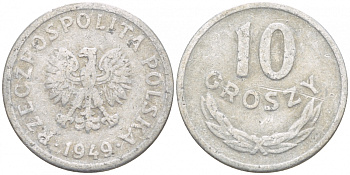ПОЛЬША 10 ГРОШЕЙ 1949 KM 42а алюминий 4549-255