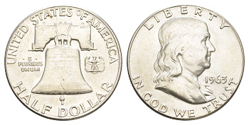 США 1/2 доллара (50 центов) 1963 Бенджамин Франклин, колокол KM 199 серебро  aUNC  4574-1026