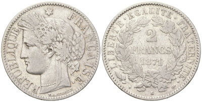 Франция 2 франка 1871 K KM 817.2 серебро 4616-542