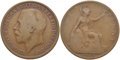 Великобритания 1 пенни 1919 Георг V (1910-1936) KM 810, Spink 4051 бронза 115-141