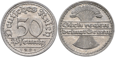 Германия 50 пфеннигов 1921 F KM 27, J.301, Weege 10 алюминий UNC 4584-751