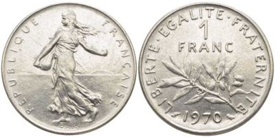 ФРАНЦИЯ 1 ФРАНК 1970 СЕЯТЕЛЬ KM 925.1, LE FRANC 226.15 никель 175-526
