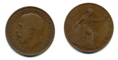 Великобритания 1 пенни 1921 Георг V (1910-1936) KM 810, Spink 4051 бронза 47-636