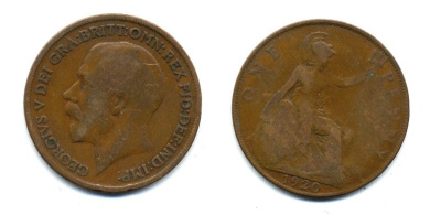 Великобритания 1 пенни 1920 Георг V (1910-1936) КМ 810, Spink 4051 бронза 47-431