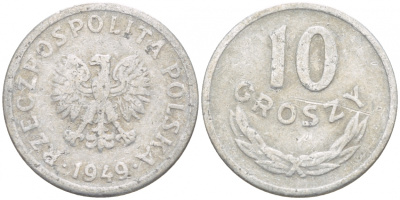 ПОЛЬША 10 ГРОШЕЙ 1949 KM 42а алюминий 4549-255